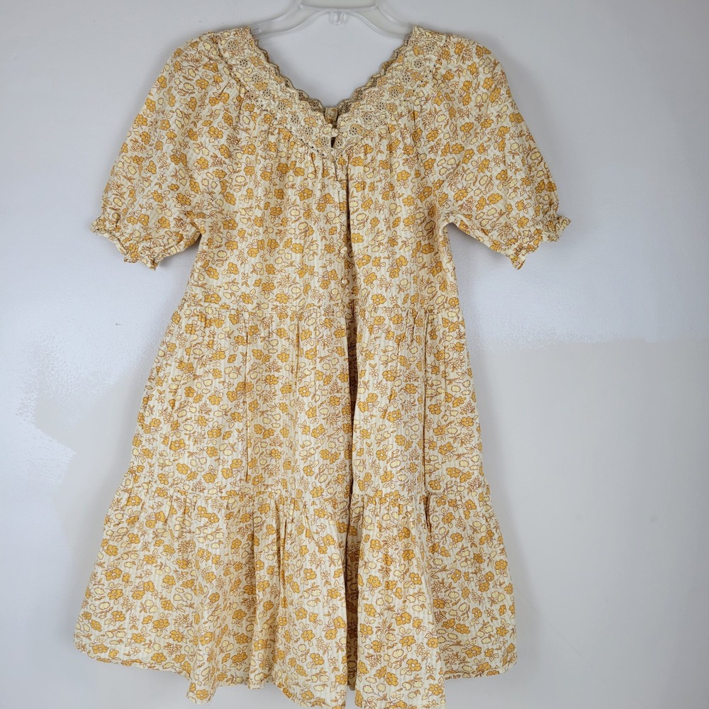 Madewell Yellow Floral Tiered Mini Dress Puff Sleeve Lace V-Neck Pockets Med - Picture 1 of 10